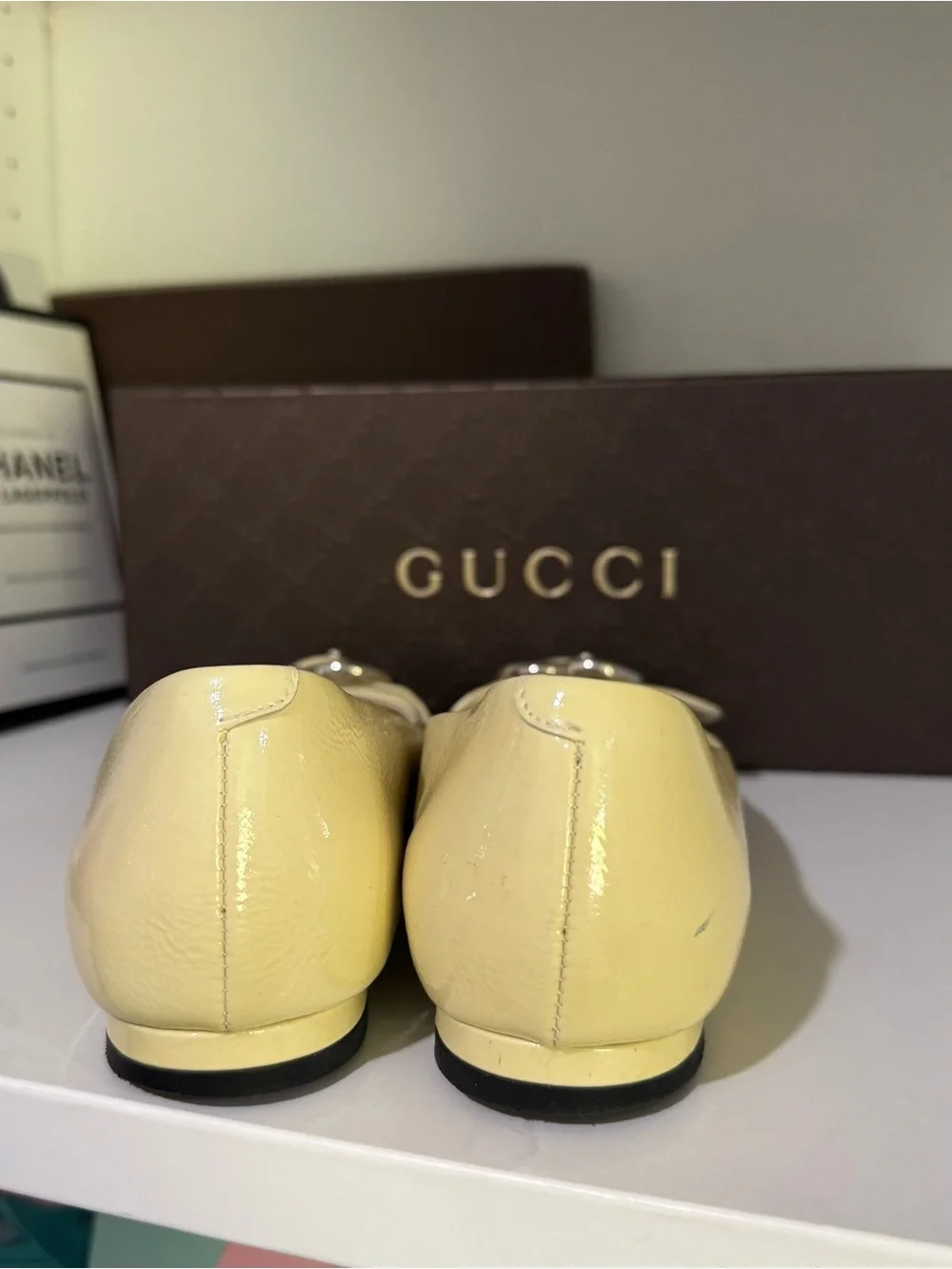 Gucci Pale Yellow Leather Peep-Toe Flats with Silver-Tone Buckle